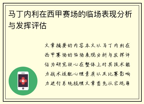 马丁内利在西甲赛场的临场表现分析与发挥评估