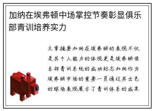 加纳在埃弗顿中场掌控节奏彰显俱乐部青训培养实力 加纳在埃弗顿中场掌控节奏彰显俱乐部青训培养实力