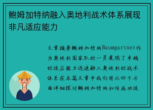 鲍姆加特纳融入奥地利战术体系展现非凡适应能力 鲍姆加特纳融入奥地利战术体系展现非凡适应能力